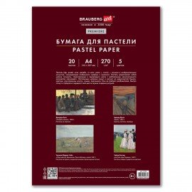 Бумага для пастели ФАКТУРНАЯ А4 в папке, 20 листов 5 цветов, 270 г/м2, BRAUBERG ART,, 117755