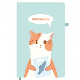 Скетчбук, слоновая кость 140г/м 130х210мм, 80л, софт-тач, резинка, наклейки, FUNSTER, "Котик с рыбкой", 117783