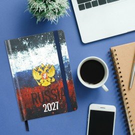 Ежедневник датированный 2027 с резинкой 145х203 мм, А5, BRAUBERG, твердый, фольга, "Russia", 117818