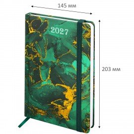 Ежедневник датированный 2027 с резинкой 145х203 мм, А5, BRAUBERG, твердый, фольга, "Marmaron", 117823