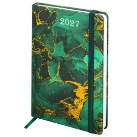 Ежедневник датированный 2027 с резинкой 145х203 мм, А5, BRAUBERG, твердый, фольга, "Marmaron", 117823