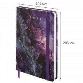 Ежедневник датированный 2027 с резинкой 145х203 мм, А5, BRAUBERG, твердый, фольга, "Plum stone", 117825