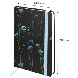 Ежедневник датированный 2027 с резинкой 145х203 мм, А5, BRAUBERG, твердый, "Васильки", 117835