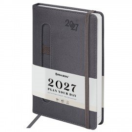 Ежедневник датированный 2027 А5 138x213 мм, BRAUBERG "Optimal", под кожу, резинка, держатель для ручки, серый, 117933
