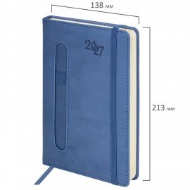 Ежедневник датированный 2027 А5 138x213 мм, BRAUBERG "Optimal", под кожу, резинка, держатель для ручки, синий, 117934