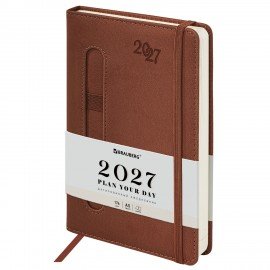 Ежедневник датированный 2027 А5 138x213 мм, BRAUBERG "Optimal", под кожу, резинка, держатель для ручки, коричневый, 117936