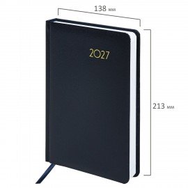 Ежедневник датированный 2027, А5, 138x213 мм, BRAUBERG "Select", балакрон, темно-синий, 117958