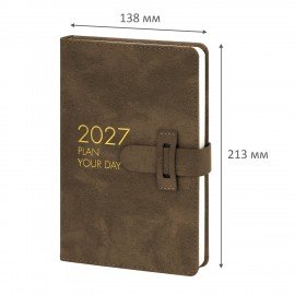 Ежедневник датированный 2027 А5 138х213 мм BRAUBERG Trace, под кожу, ремешок, коричневый, 117981