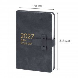 Ежедневник датированный 2027 А5 138х213 мм BRAUBERG Trace, под кожу, ремешок, серый, 117982