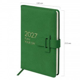 Ежедневник датированный 2027 А5 138х213 мм BRAUBERG Trace, под кожу, ремешок, зеленый, 117999