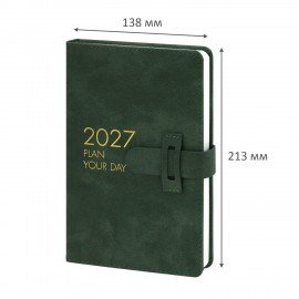 Ежедневник датированный 2027 А5 138х213 мм BRAUBERG Trace, под кожу, ремешок, зеленый, 117999