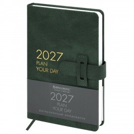 Ежедневник датированный 2027 А5 138х213 мм BRAUBERG Trace, под кожу, ремешок, зеленый, 117999