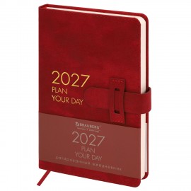 Ежедневник датированный 2027 А5 138х213 мм BRAUBERG Trace, под кожу, ремешок, красный, 118000