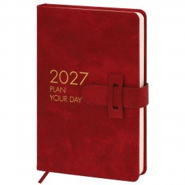 Ежедневник датированный 2027 А5 138х213 мм BRAUBERG Trace, под кожу, ремешок, красный, 118000