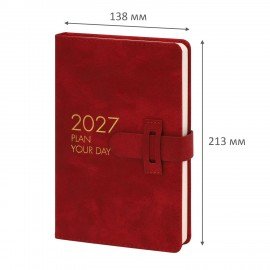 Ежедневник датированный 2027 А5 138х213 мм BRAUBERG Trace, под кожу, ремешок, красный, 118000