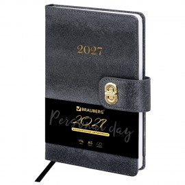 Ежедневник датированный 2027 А5 138х213мм BRAUBERG Elegant, под кожу, застежка, черный, 118016