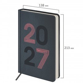Ежедневник датированный 2027 А5 138х213 мм BRAUBERG Scripted, под кожу, вышивка, серо-голубой, 118024