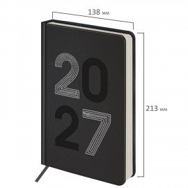 Ежедневник датированный 2027 А5 138х213 мм BRAUBERG Scripted, под кожу, вышивка, черный, 118025