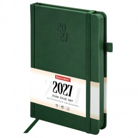 Ежедневник датированный 2027 А5 138х213мм BRAUBERG Plain, под кожу, резинка, держатель для ручки, темно-зеленый, 118038