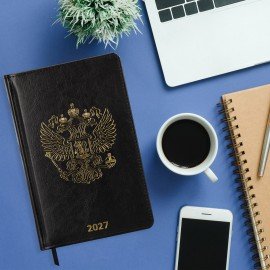 Ежедневник датированный 2027 А5 138х213мм BRAUBERG State, под кожу, черный, 118044