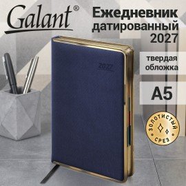 Ежедневник датированный 2027 А5 148х218 мм, GALANT "Infinity Gold", под кожу, темно-синий, 118065