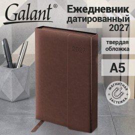 Ежедневник датированный 2027 А5 148х218 мм, GALANT "Magnetic", под кожу, клапан, коричневый, 118072