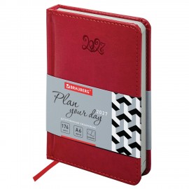Ежедневник датированный 2027 МАЛЫЙ ФОРМАТ 100х150мм А6, BRAUBERG Rainbow, под кожу, красный, 118110