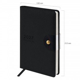Ежедневник датированный 2027 А5 138х213 мм BRAUBERG Solana, под кожу, кнопка, черный, 118218