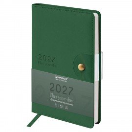 Ежедневник датированный 2027 А5 138х213 мм BRAUBERG Solana, под кожу, кнопка, зеленый, 118220