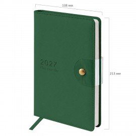 Ежедневник датированный 2027 А5 138х213 мм BRAUBERG Solana, под кожу, кнопка, зеленый, 118220