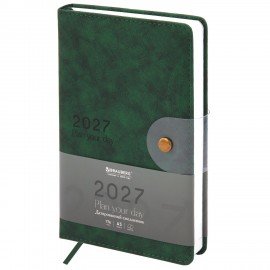 Ежедневник датированный 2027 А5 138х213 мм BRAUBERG Solana, под кожу, кнопка, зеленый, 118220