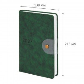 Ежедневник датированный 2027 А5 138х213 мм BRAUBERG Solana, под кожу, кнопка, зеленый, 118220