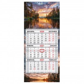 Календарь квартальный 2027 г., 1 блок, 1 гребень, бегунок, МИНИ, офсет, BRAUBERG, "Лесное озеро", 118357