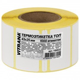 Термоэтикетки ТОП, 43х25мм, 1000 этикеток в ролике, ЗАЩИТА от влаги/царапин, VITRANA, 118602