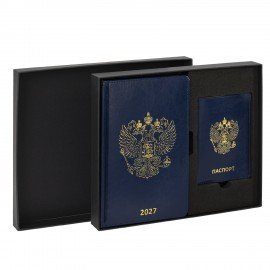 Ежедневник датированный 2027 в подарочном наборе с обложкой д/паспорта BRAUBERG, под кожу, "State", синий, 118703