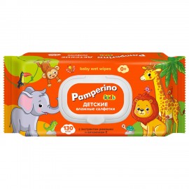 Салфетки влажные детские 130 шт, PAMPERINO, с экстрактом ромашки и вит. Е, крышка кла, 72954