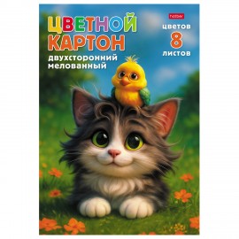 Картон цветной А4 2-сторонний МЕЛОВАННЫЙ, 8л. 8цв., в папке, HATBER, 195х280мм, Мурча, 8Кц4_36050