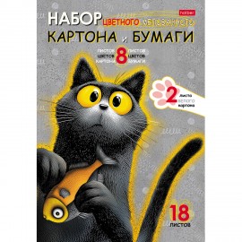 Набор картона и бумаги A4 мелованные 18л. (8цв+8цв+2бел) в папке, HATBER, Пушистый фи, 18НКБ4_35767