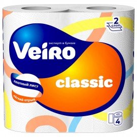 Бумага туалетная бытовая, спайка 4 шт., 2-х слойная (4х17,5 м), VEIRO Classic (Вейро), белая, 5с24