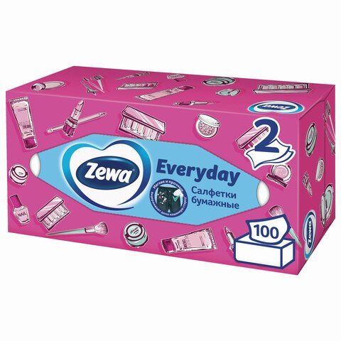 Салфетки косметические 100 штук в картонном боксе, 2-слойные, ZEWA Everyday, 24516, 6286
