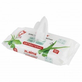 Салфетки влажные 50 шт., АНТИБАКТЕРИАЛЬНЫЕ, с экстрактом алоэ, LAIMA "Antibacterial", 125959