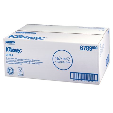 Полотенца бумажные 186 шт., KIMBERLY-CLARK Kleenex, КОМПЛЕКТ 15 шт., Ultra, 2-х слойные, белые, 21х21,5 см, Interfold (601533-534)6789