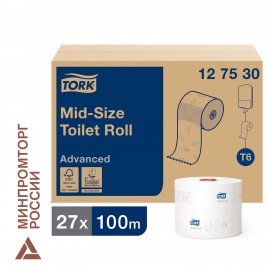 Бумага туалетная 100 м, TORK (Система Т6), комплект 27 шт., Advanced, 2-слойная, белая, 127530