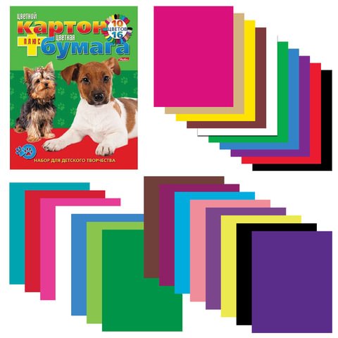 Набор цветного картона и бумаги А4, 16 + 10 цветов склейка HATBER VK, 195х275 мм, Щенки, 26НКБ4к 05284, N133835