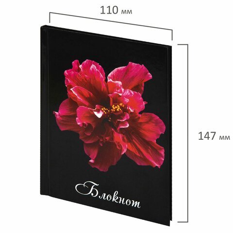 Блокнот МАЛЫЙ ФОРМАТ 110х147 мм А6, 80 л., твердый переплет, ламинированная обложка, клетка, STAFF, "Красный цветок на черном", 127212