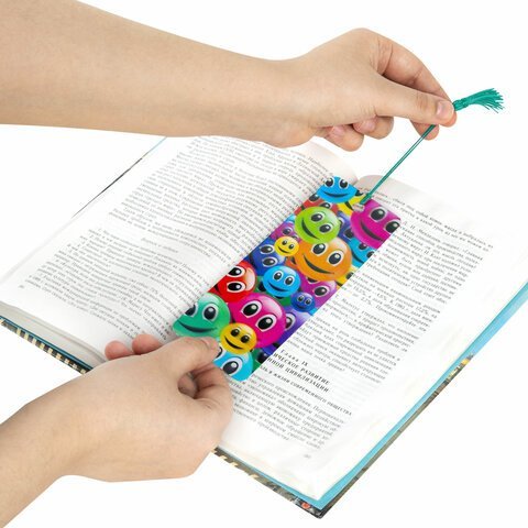 Закладка для книг с линейкой, 3D-объемная, BRAUBERG "Смайлики", с декоративным шнурком, 128096