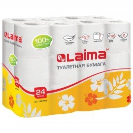 Бумага туалетная бытовая, спайка 24 шт., 2-х слойная, (24х18,5 м), LAIMA, белая, 128719