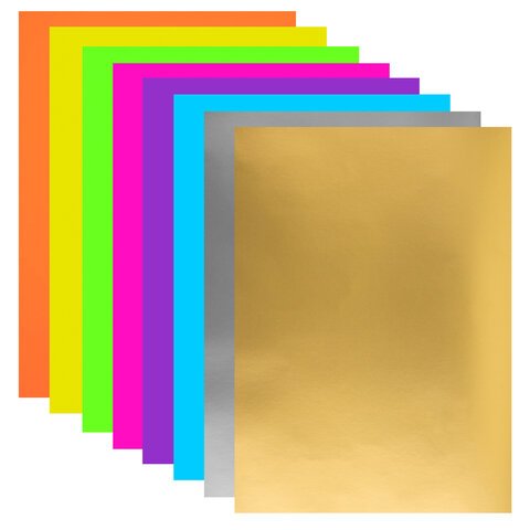 Цветная бумага, А4, ФЛУОРЕСЦЕНТНАЯ МЕЛОВАННАЯ (глянцевая), ВОЛШЕБНАЯ, 8 листов 8 цветов, на скобе, 200х280 мм, ЮНЛАНДИЯ, 129545