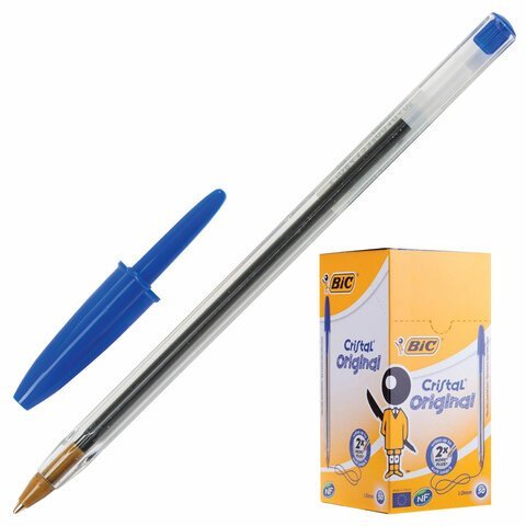 Ручка шариковая BIC "Cristal", СИНЯЯ, корпус прозрачный, узел 1 мм, линия письма 0,32 мм, 847898
