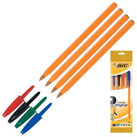 Ручки шариковые BIC "Orange", НАБОР 4 ЦВЕТА, узел 0,8 мм, линия 0,3 мм, пакет, 8308541